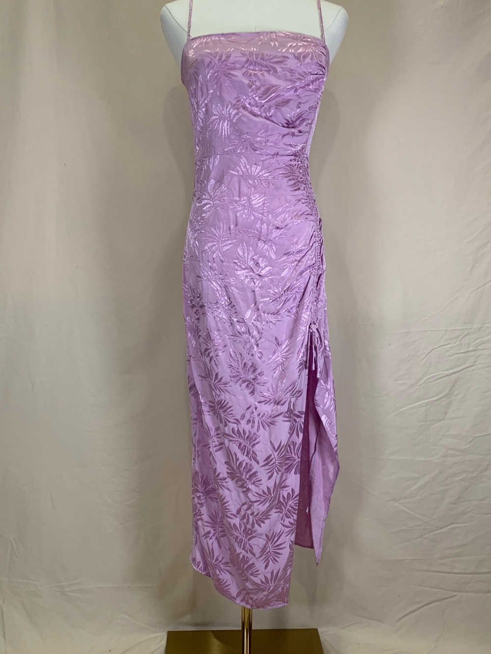 Saylor Lavender Floral Jacquard Ruched Slip Midi Dress Size S